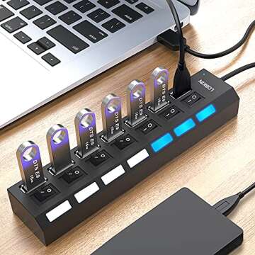 7 Port USB 2.0 Computer Networking Hubs, Ultra Slim Portable Data Hub Individual LED lit Power Switches