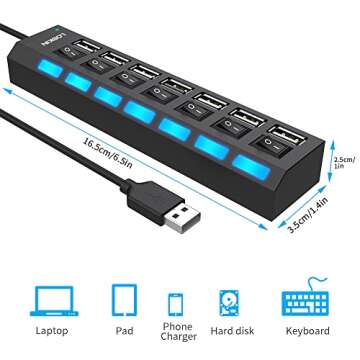 7 Port USB 2.0 Computer Networking Hubs, Ultra Slim Portable Data Hub Individual LED lit Power Switches