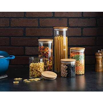 Set of 5 Glass Kitchen Canisters with Airtight Bamboo Lid - Glass Storage Jars for Pantry Organizati...