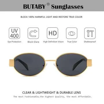 BUTABY Retro Oval Sunglasses for Women Men Designer Trendy Sun Glasses Classic Shades UV400 Protection Gold Grey
