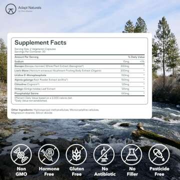 Adapt Naturals Luminous Mind Nootropic Brain Supplement with Ginkgo Biloba, Bacopa and Lions Mane | Memory, Focus, Mental Clarity and Elevated Mood Support | No Caffeine, Crash Free - 30 Days Supply