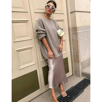 Zeagoo Women's Elegant High Waist Satin Midi Skirt