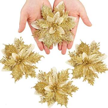 GREENTIME 12 Pcs Glitter Poinsettia 5.5" Artificial Flowers Christmas with Clips Stems Xmas Tree Orn...