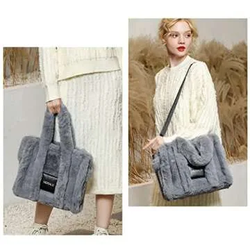Herald Large Tote Bags For Women Soft Winter Fluffy Fuzzy Furry Plush Top Handle Purse and Handbag W...