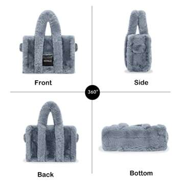 Herald Large Tote Bags For Women Soft Winter Fluffy Fuzzy Furry Plush Top Handle Purse and Handbag With Shoulder Strap (Blue)