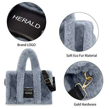Herald Large Tote Bags For Women Soft Winter Fluffy Fuzzy Furry Plush Top Handle Purse and Handbag With Shoulder Strap (Blue)