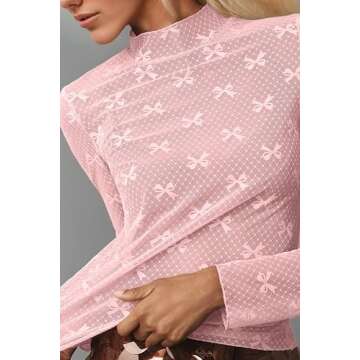 Ceputer Sexy Bow Mesh Sheer Long Sleeve Top for Women Lace See Though Turtleneck Tee Shirts Blouse Pink