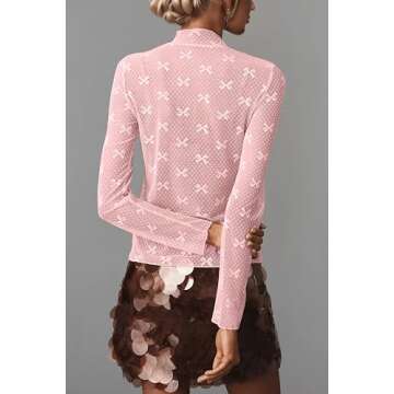 Ceputer Sexy Bow Mesh Sheer Long Sleeve Top for Women Lace See Though Turtleneck Tee Shirts Blouse Pink