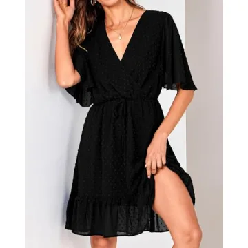 KIRUNDO Casual Summer Dress – Short Sleeve V Neck Ruffle