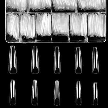 Wellquinn XXL Coffin Full Cover Nail Tips Clear Ballerina Acrylic Nail Tips 400pcs False Nails Full Coverage Coffin Shape Press on Nails for Nail Salon and DIY Nail Art at home 10 Sizes
