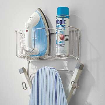 mDesign Metal Steel Ironing Board Holder Wall Mount with Large Storage Basket for Laundry Rooms - Ho...
