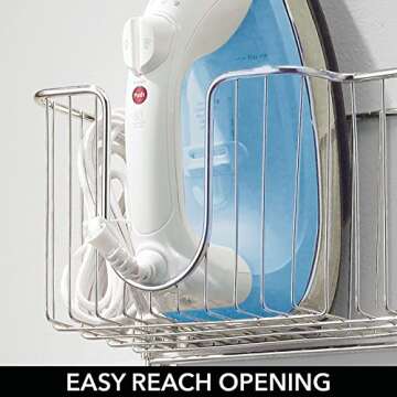 mDesign Metal Steel Ironing Board Holder Wall Mount with Large Storage Basket for Laundry Rooms - Holds Iron, Ironing Board, Spray Bottles, Starch, or Stain Sticks - Easy Installation - Chrome