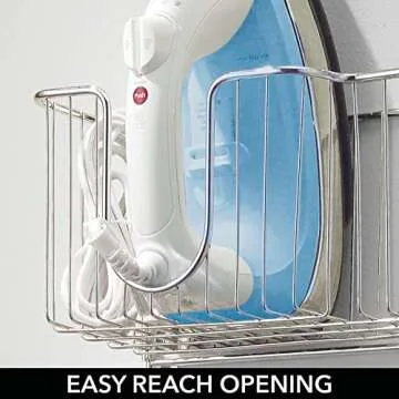 mDesign Metal Steel Ironing Board Holder Wall Mount with Large Storage Basket for Laundry Rooms - Holds Iron, Ironing Board, Spray Bottles, Starch, or Stain Sticks - Easy Installation - Chrome