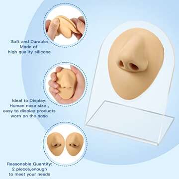 2 Pcs Flexible Silicone Nose Model Reused Soft Nose Mold Fake Nose for Earrings Jewelry Display Rubber Nose for Piercing Practice with Acrylic Stand (Skin Color, Nose Style)