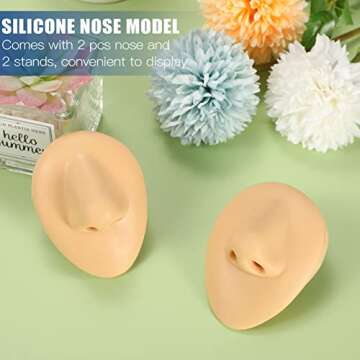 2 Pcs Flexible Silicone Nose Model Reused Soft Nose Mold Fake Nose for Earrings Jewelry Display Rubber Nose for Piercing Practice with Acrylic Stand (Skin Color, Nose Style)