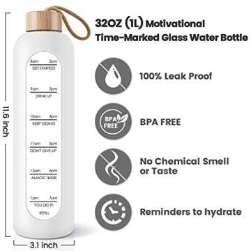 PROBTTL 32 Oz Borosilicate Glass Water Bottle with Time Marker Reminder Quotes, 1 Liter Leak Proof Reusable BPA Free Motivational Water Bottles with Silicone Sleeve and Bamboo Lid (White)