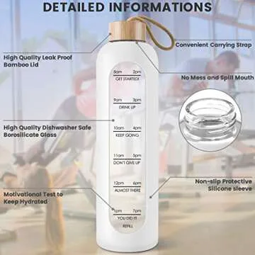 PROBTTL 32 Oz Borosilicate Glass Water Bottle with Time Marker Reminder Quotes, 1 Liter Leak Proof Reusable BPA Free Motivational Water Bottles with Silicone Sleeve and Bamboo Lid (White)