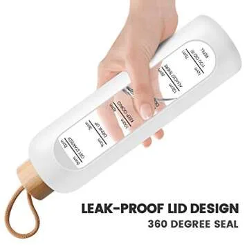 PROBTTL 32 Oz Borosilicate Glass Water Bottle with Time Marker Reminder Quotes, 1 Liter Leak Proof Reusable BPA Free Motivational Water Bottles with Silicone Sleeve and Bamboo Lid (White)