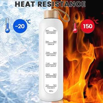 PROBTTL 32 Oz Borosilicate Glass Water Bottle with Time Marker Reminder Quotes, 1 Liter Leak Proof Reusable BPA Free Motivational Water Bottles with Silicone Sleeve and Bamboo Lid (White)