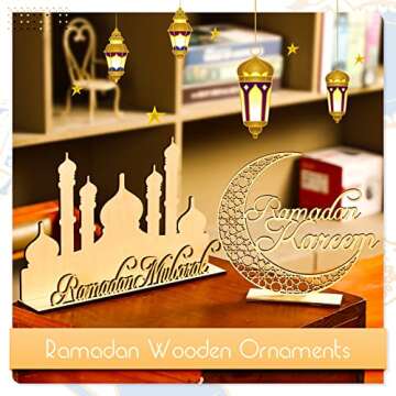 Queekay 2 Pieces Ramadan Wooden Ornaments Eid Mubarak Table Decoration Eid Mubarak Wooden Ornament f...