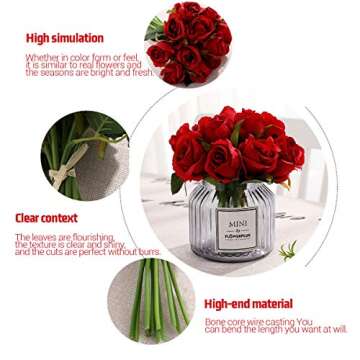 Artificial Rose Flowers 12 Heads Fake Rose Bridal Wedding Bouquet Silk Flowers for Home Decoration (Red)