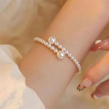 Pearl Bracelets for Women Trendy Stuff Dainty Gold Pearl Bracelet for Women Pearl Beaded Bracelets Stretch Stackable Bracelets Bridesmaid Jewelry Gifts