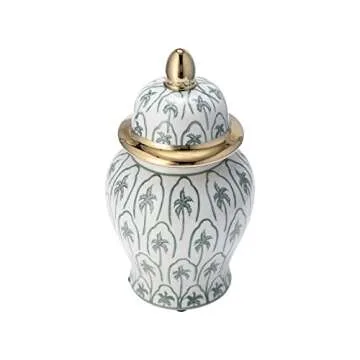 10" Temple Jar with Lid - Ceramic White, Green and Gold Palm Tree Decorative Stoneware for Home, Office, Gift Idea