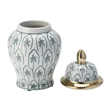 10" Temple Jar with Lid - Ceramic White, Green and Gold Palm Tree Decorative Stoneware for Home, Office, Gift Idea