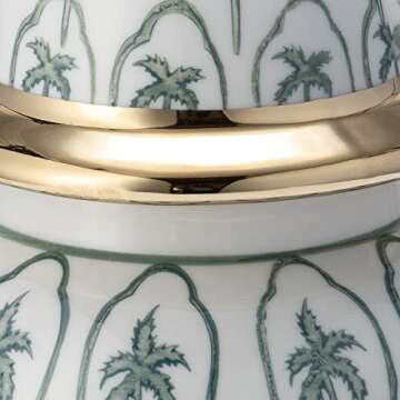 10" Temple Jar with Lid - Ceramic White, Green and Gold Palm Tree Decorative Stoneware for Home, Office, Gift Idea