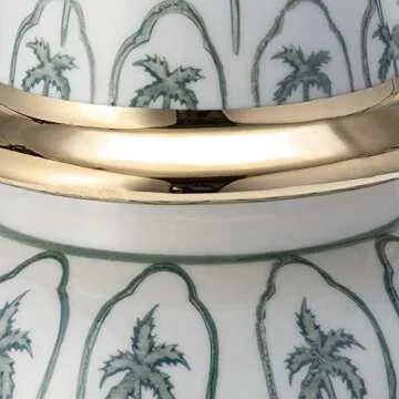 10" Temple Jar with Lid - Ceramic White, Green and Gold Palm Tree Decorative Stoneware for Home, Office, Gift Idea