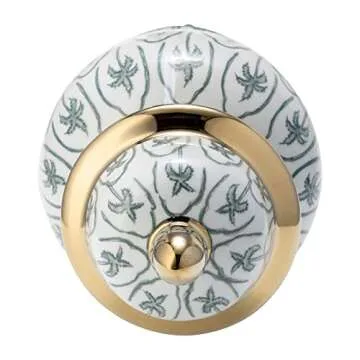 10" Temple Jar with Lid - Ceramic White, Green and Gold Palm Tree Decorative Stoneware for Home, Office, Gift Idea