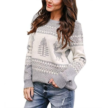 EXLURA Patterns Reindeer Ugly Christmas Sweater Jumper Pullover Grey