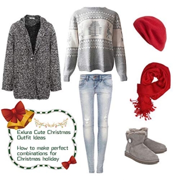 Comfy EXLURA Patterns Reindeer Ugly Christmas Sweater Grey