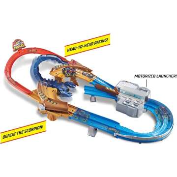 Hot Wheels Monster Trucks Scorpion Sting Raceway Track Set with 1 Toy Truck & 1 Car in 1:64 Scale, Boosted Race Track