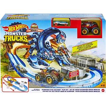 Hot Wheels Monster Trucks Scorpion Sting Raceway Track Set with 1 Toy Truck & 1 Car in 1:64 Scale, Boosted Race Track