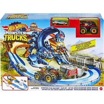 Hot Wheels Monster Trucks Scorpion Sting Raceway Track Set with 1 Toy Truck & 1 Car in 1:64 Scale, Boosted Race Track
