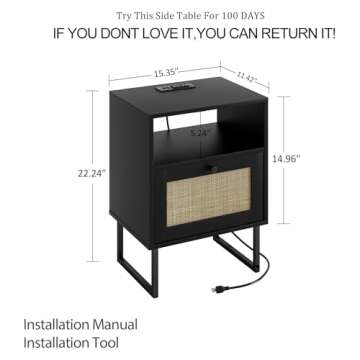 Masupu Rattan Nightstand – Elegant Boho Farmhouse Bedside Table with Storage