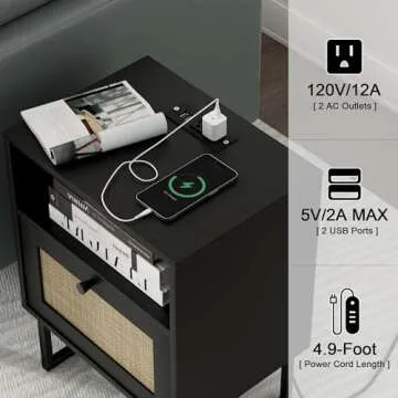 Masupu Rattan Nightstand with Charging Station for All Rooms