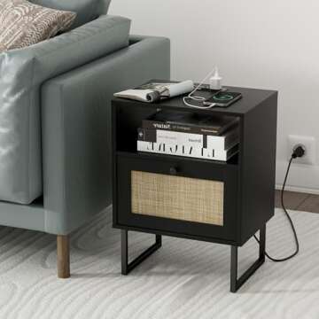 Masupu Rattan Nightstand with Charging Station for All Rooms