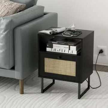 Masupu Rattan Nightstand with Charging Station for All Rooms