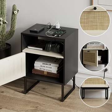 Masupu Rattan Nightstand with Charging Station for All Rooms