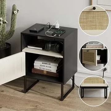 Masupu Rattan Nightstand with Charging Station for All Rooms