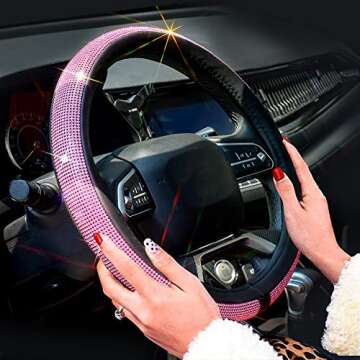 ChuLian New Diamond Leather Steering Wheel Cover with Bling Bling Crystal Rhinestones, Universal Fit 15 Inch Car Wheel Protector for Women Girls Pink Diamond