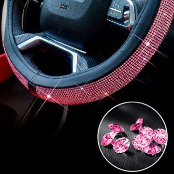 ChuLian New Diamond Leather Steering Wheel Cover with Bling Bling Crystal Rhinestones, Universal Fit 15 Inch Car Wheel Protector for Women Girls Pink Diamond