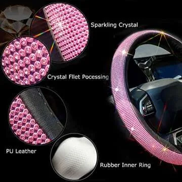 ChuLian New Diamond Leather Steering Wheel Cover with Bling Bling Crystal Rhinestones, Universal Fit 15 Inch Car Wheel Protector for Women Girls Pink Diamond