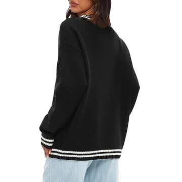 Darong Women Oversized Cardigan Sweater Knit Button Front Stripes Trim Cardigan Tops Fall Outfits with Pockets 9108 Black S