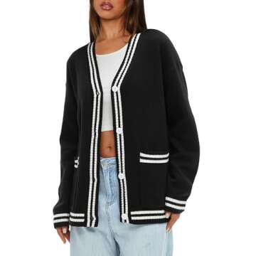 Darong Women Oversized Cardigan Sweater Knit Button Front Stripes Trim Cardigan Tops Fall Outfits with Pockets 9108 Black S
