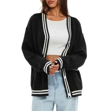 Darong Women Oversized Cardigan Sweater Knit Button Front Stripes Trim Cardigan Tops Fall Outfits with Pockets 9108 Black S
