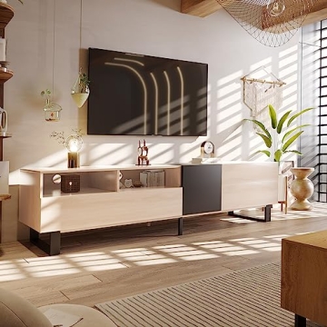 Virubi Modern TV Stand with 3 Cabinets & Open Shelves, Minimalist Wooden Entertainment Center for TV...