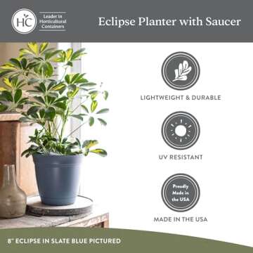 The HC Companies Eclipse Round Planter with Saucer - Outdoor & Indoor Plant Pot with Drainage Holes - Lightweight, UV-Resistant Plastic Pots for Plants, Flowers & Herbs (8" Red, Pack of 1)